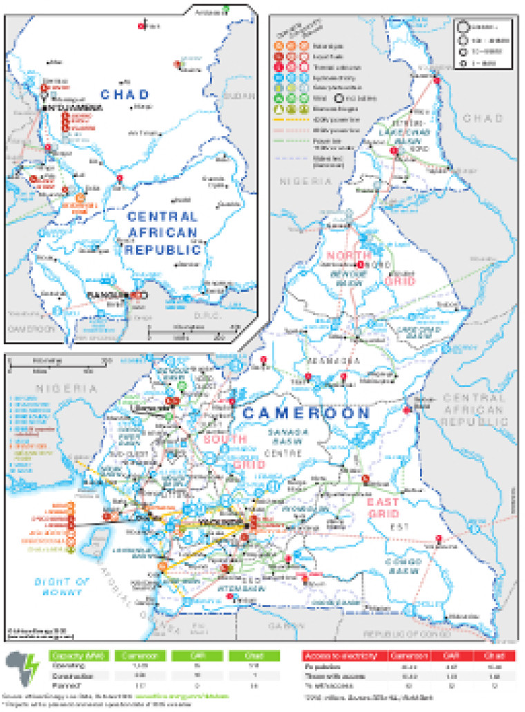 Power infrastructure in Cameroon, Central African Republic and Chad map
