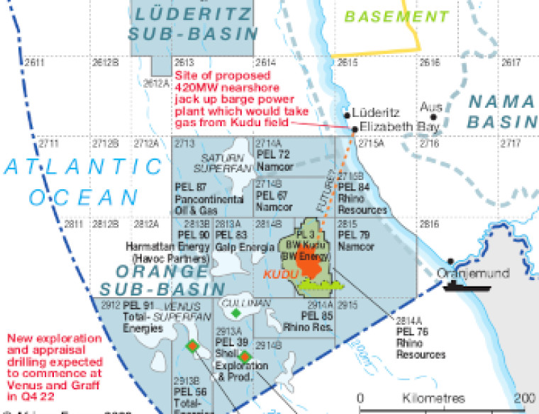 Namibia oil land gas map, Orange sub-basin