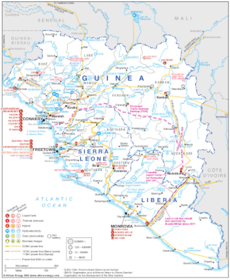 Map of power infrastructure across Guinea, Liberia and Sierra Leone