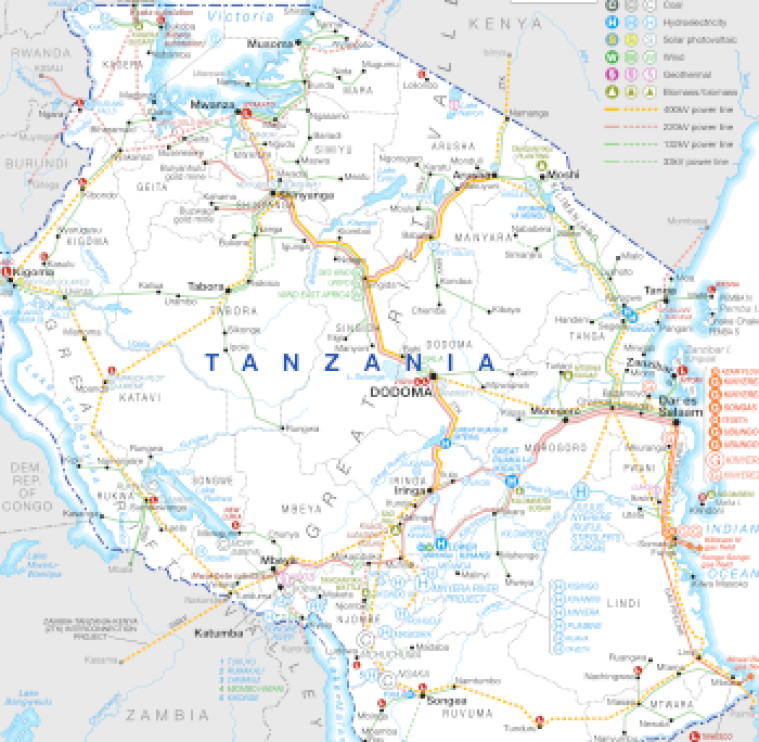 Tanzania power map, cropped