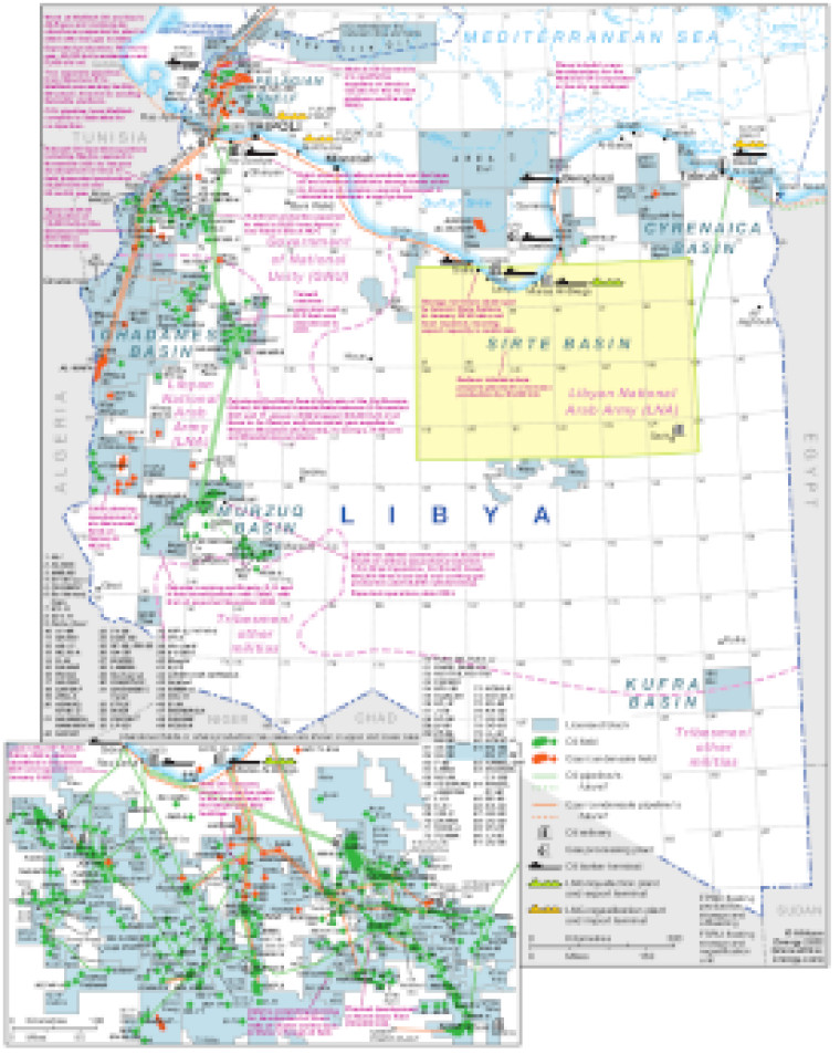 Libya map- balance of forces and upstream infrastructure