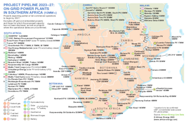 Map of Southern Africa power projects scheduled to be commissioned between 2023 and 2027