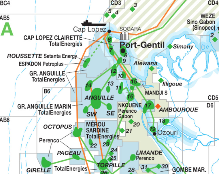 Gabon oil and gas map focused on Cap Lopez, Port Gentil