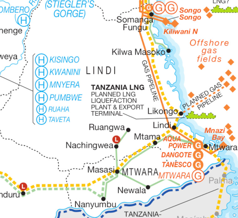 Tanzania power map, Mtwara gas-to-power