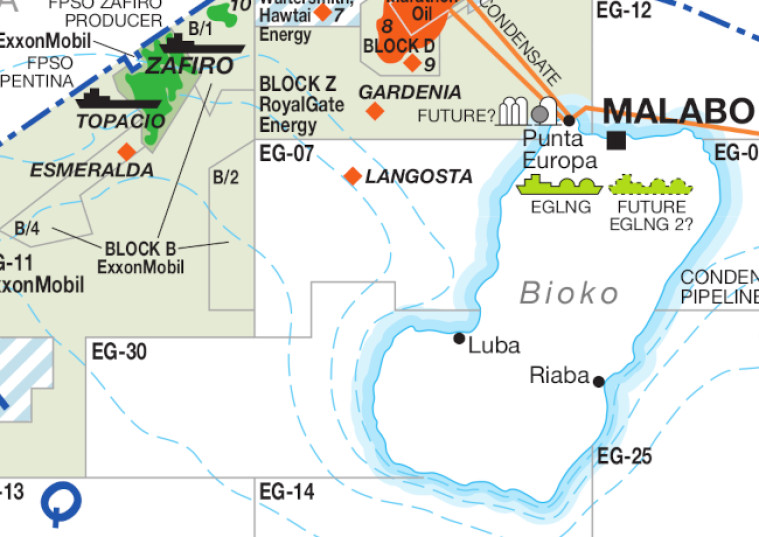 Equatorial Guinea, oil and gas map focused on Bioko island