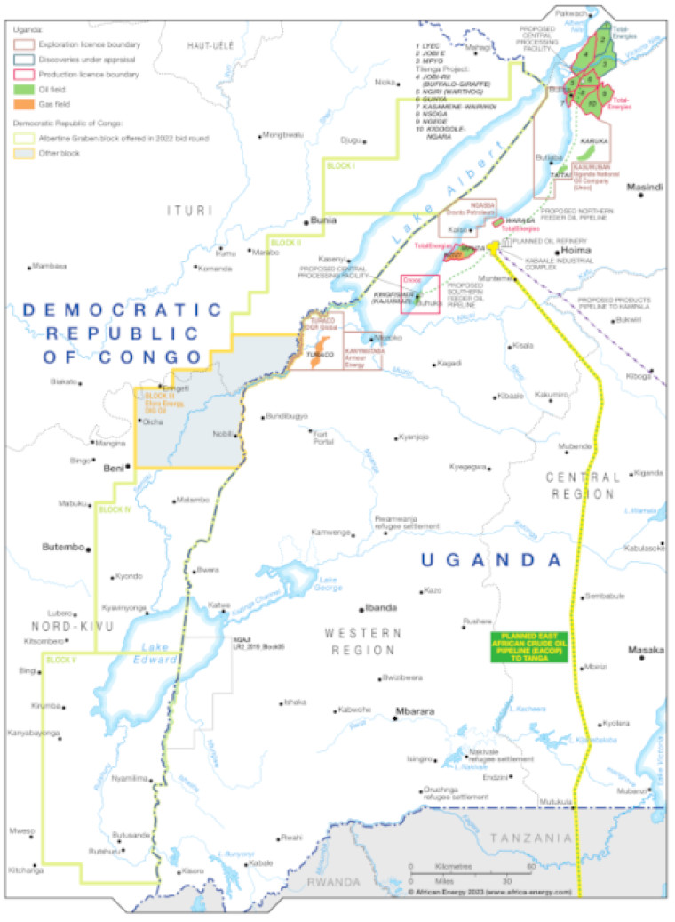 Map showing oil and gas activity in western DR Congo and eastern Uganda