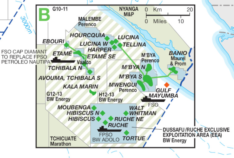 Gabon oil nad gas map focused on southern acreage including the Dussafu/Ruche exclusive exploitation area