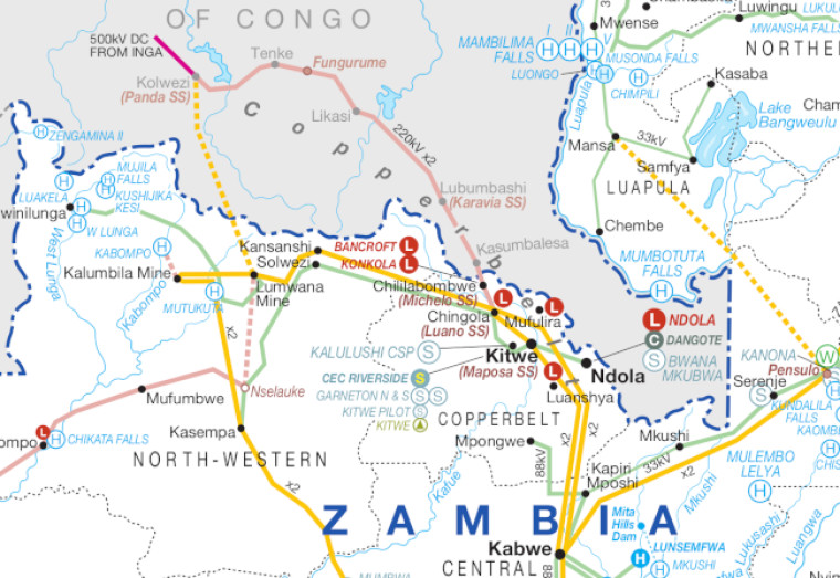Zambia power map showing the Copperbelt region