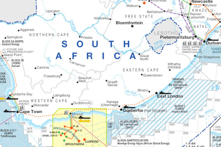 South Africa oil and gas exploration map, cropped