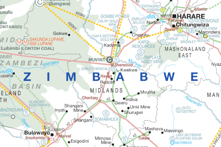 Zimbabwe's power infrastrucrure map, cropped