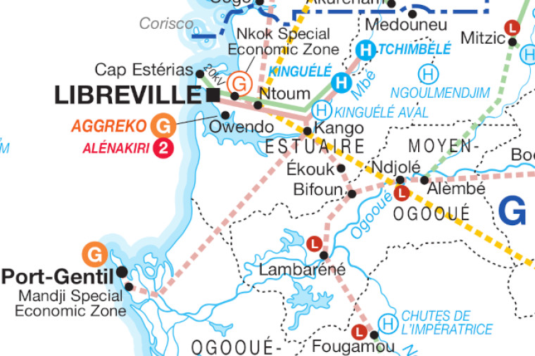 Gabon power map showing the planned at Kinguele Aval hydroelectric power plant