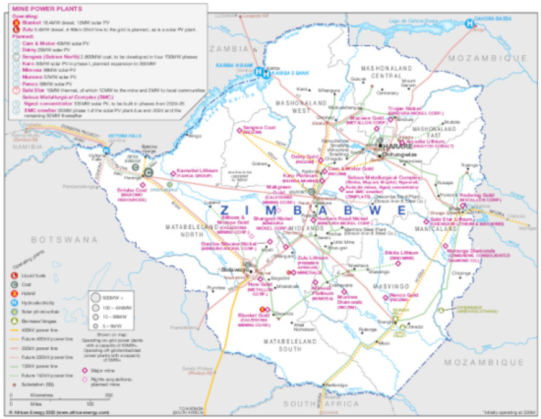 Map of Zimbabwe showing power infrastructure that serves the mining sector