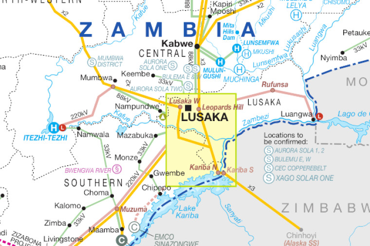 Power map of Zambia showing southern and central provinces