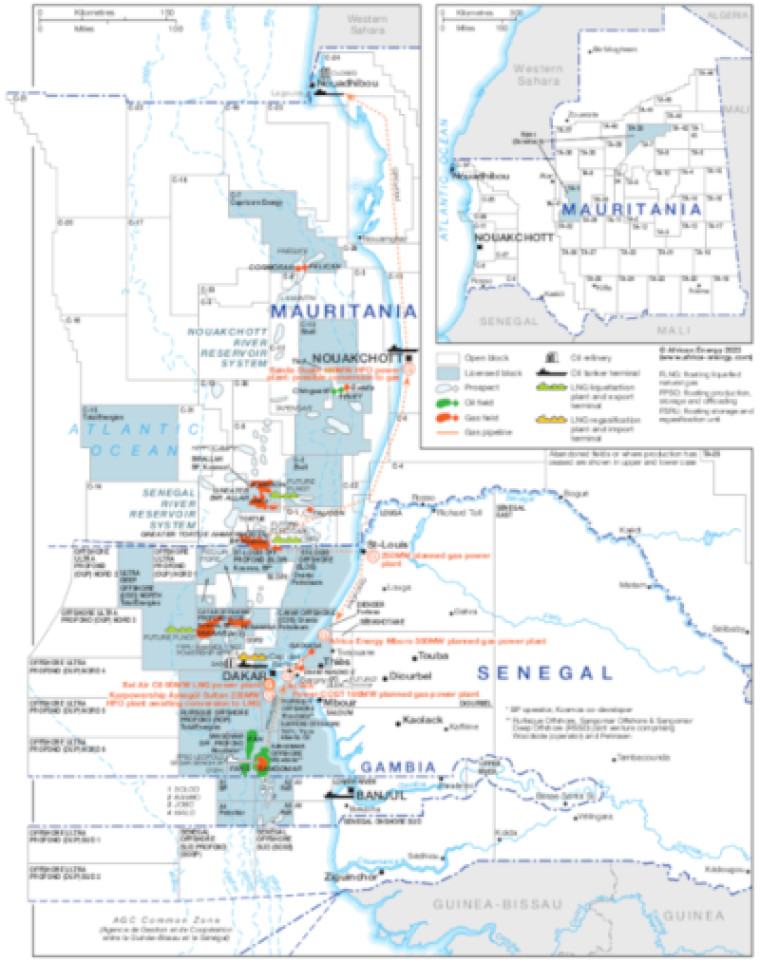 Mauritania, Senegal and Gambia upstream oil and gas map