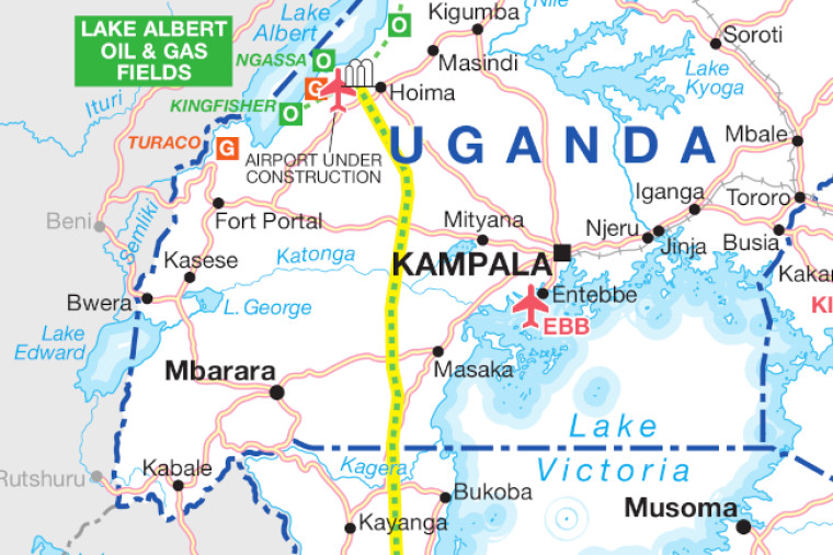 Uganda map focused on Lake Albert oil and gas fields and Eacop