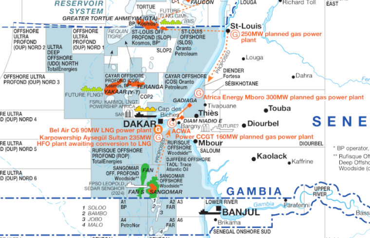 Mauritania, Senegal oil and gas map
